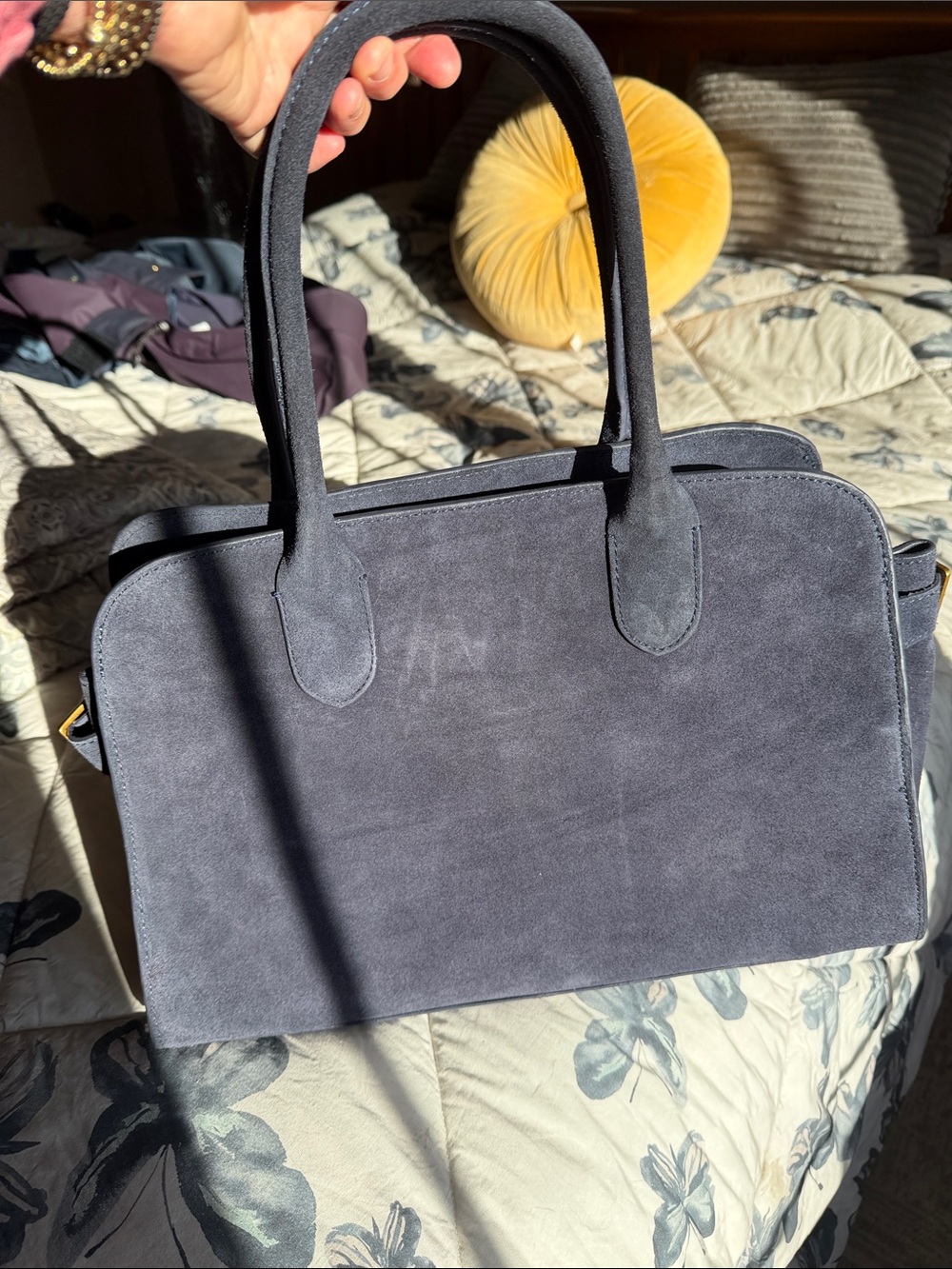 Suede Top-Handle Tote Bag in Dark Navy - Picture 2 of 7